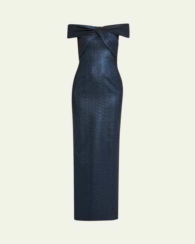 Twist-Front Off-Shoulder Stretch Metallic Gown